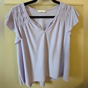 Large Lavender Textured Women's Top Short Sleeve V Neck Minimalist Basic Pastel